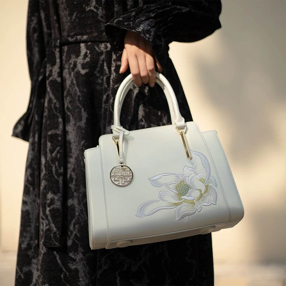 Sinocultural Embroidery Leather Tote Bag White Lotus Crossbody Bag - Image 6