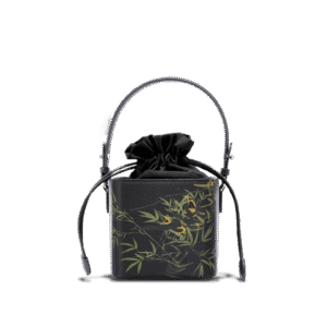 Xiangyunsha Silk Black Bamboo Print Mini Cube Bucket Bag