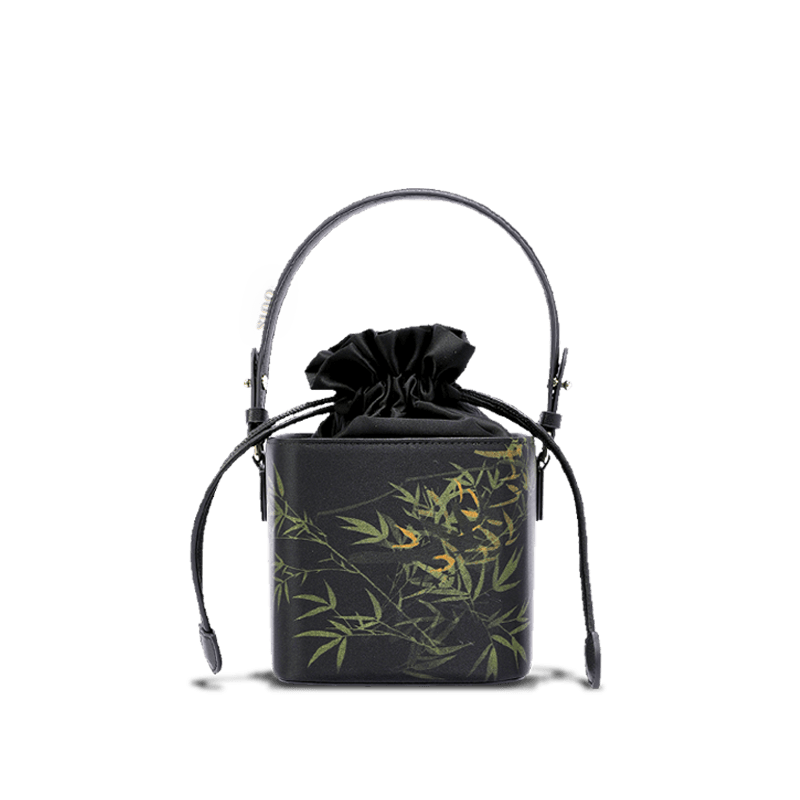 Xiangyunsha Silk Black Bamboo Print Mini Cube Bucket Bag