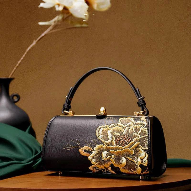 Embroidery Leather Kiss Lock Bag Royal Gold Peony Luxury Handbag - Image 8