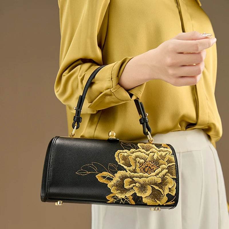 Embroidery Leather Kiss Lock Bag Royal Gold Peony Luxury Handbag - Image 3