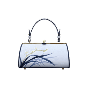 Embroidery Leather Blue Kiss Lock Bag Orchid Cylinder Chain Handbag