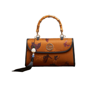 Xiangyunsha Silk Brown Butterfly Bamboo Handle Handbag
