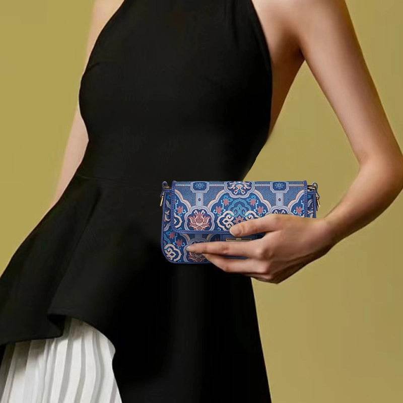 Song Brocade Leather Mulberry Silk Blue Shoulder Evening Bag - Image 2