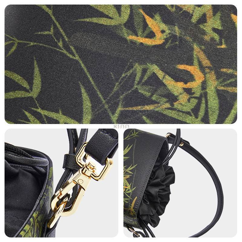 Xiangyunsha Silk Black Bamboo Print Mini Cube Bucket Bag - Image 7