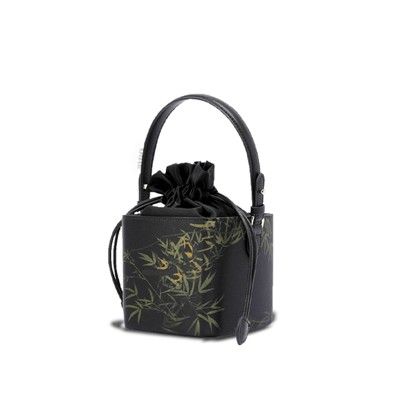 Xiangyunsha Silk Black Bamboo Print Mini Cube Bucket Bag - Image 9