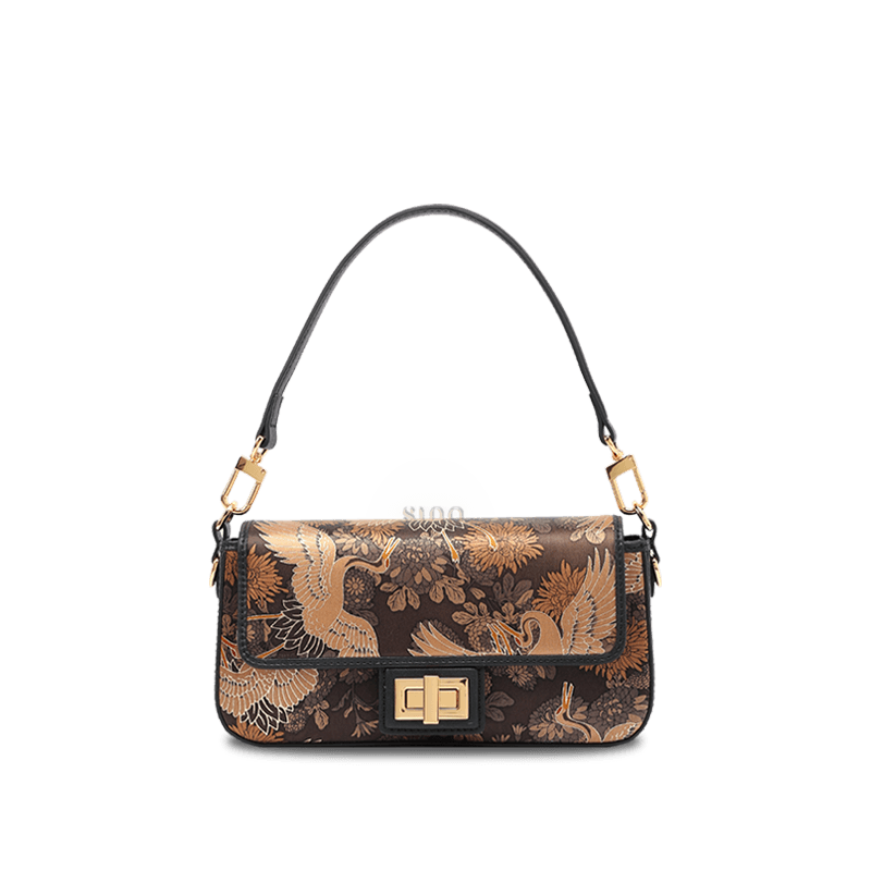 Xiangyunsha Silk Vintage Crane Print Shoulder Bag
