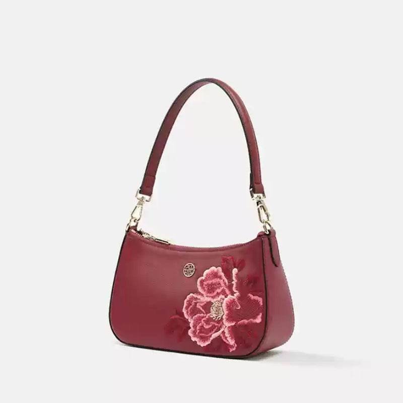 Embroidery Leather Red Shoulder Bag Peony Women's Hobo Handbag - Image 14