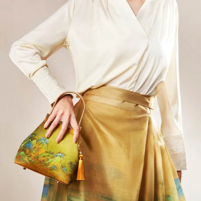 Chinese Painting Mulberry Silk Lux Kiss Lock Clutch Handbag - Image 2