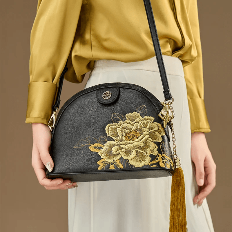 Embroidery Leather Shoulder Bag High Luxury Royal Gold Peony - Image 4