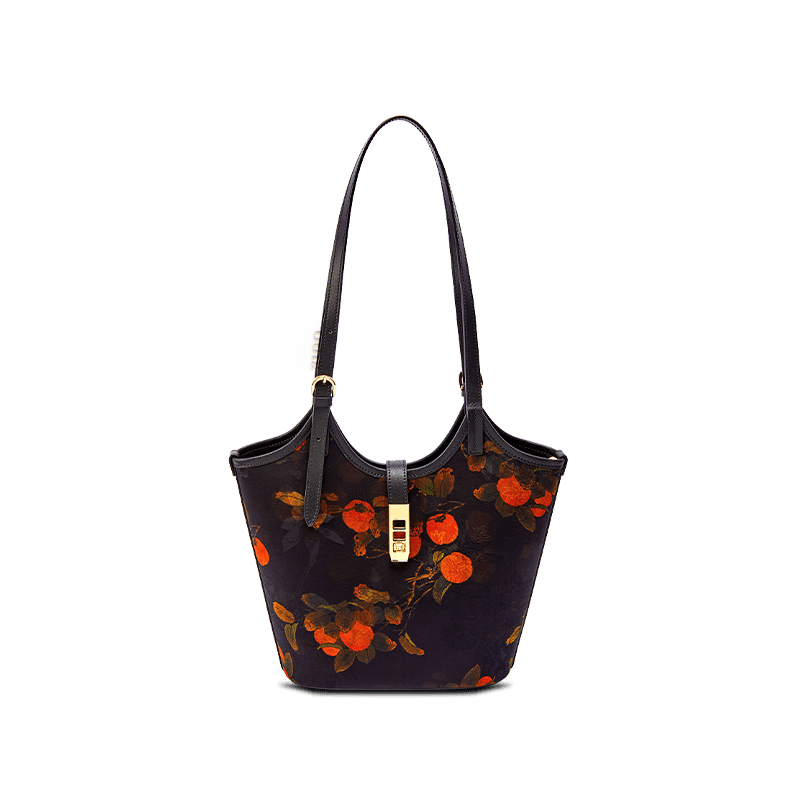 Xiangyunsha Silk Leather Printed Persimmon Bucket Bag