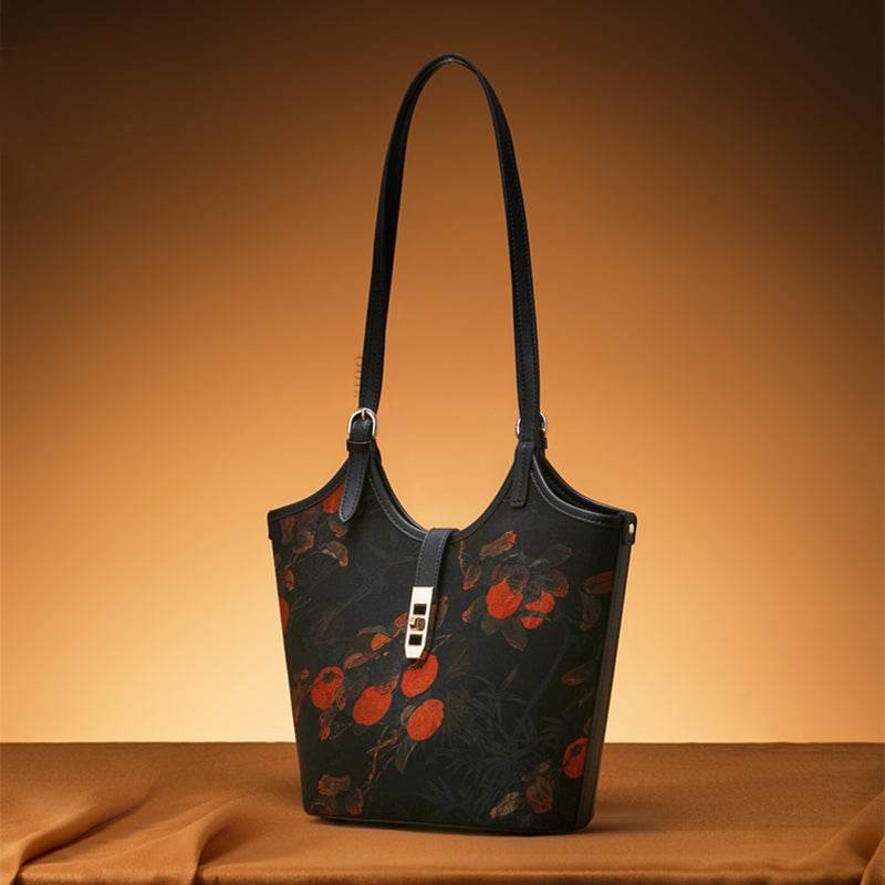 Xiangyunsha Silk Leather Printed Persimmon Bucket Bag - Image 5