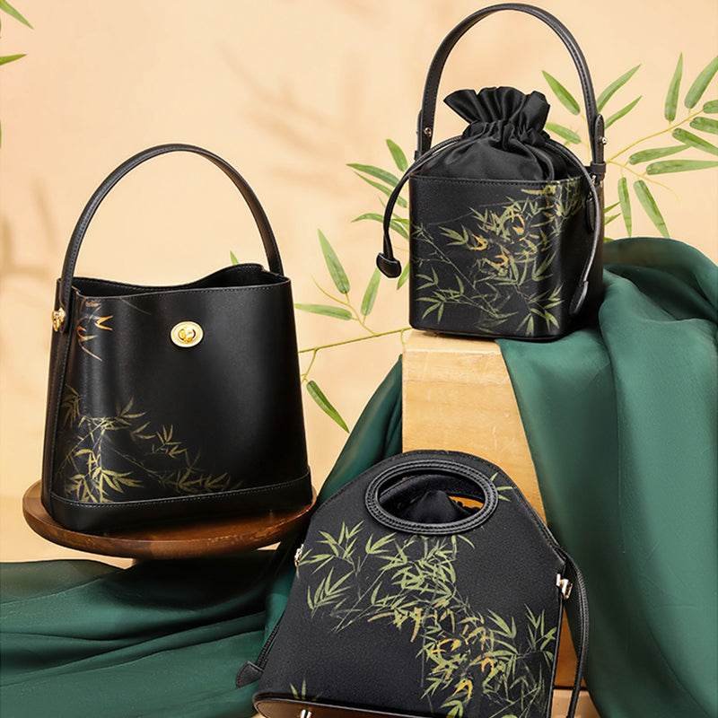 Xiangyunsha Silk Black Bamboo Print Mini Cube Bucket Bag - Image 6