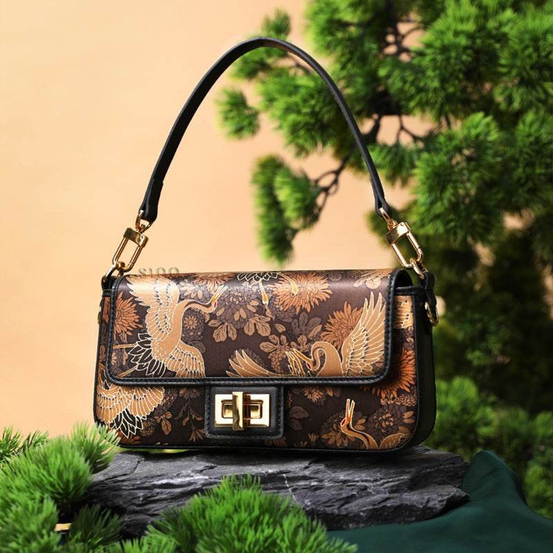 Xiangyunsha Silk Vintage Crane Print Shoulder Bag - Image 5