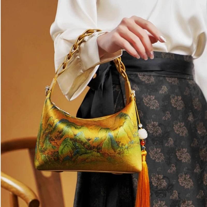 Chinese Painting Xiangyunsha Silk Shoulder Bag Designer Handbag - Image 2